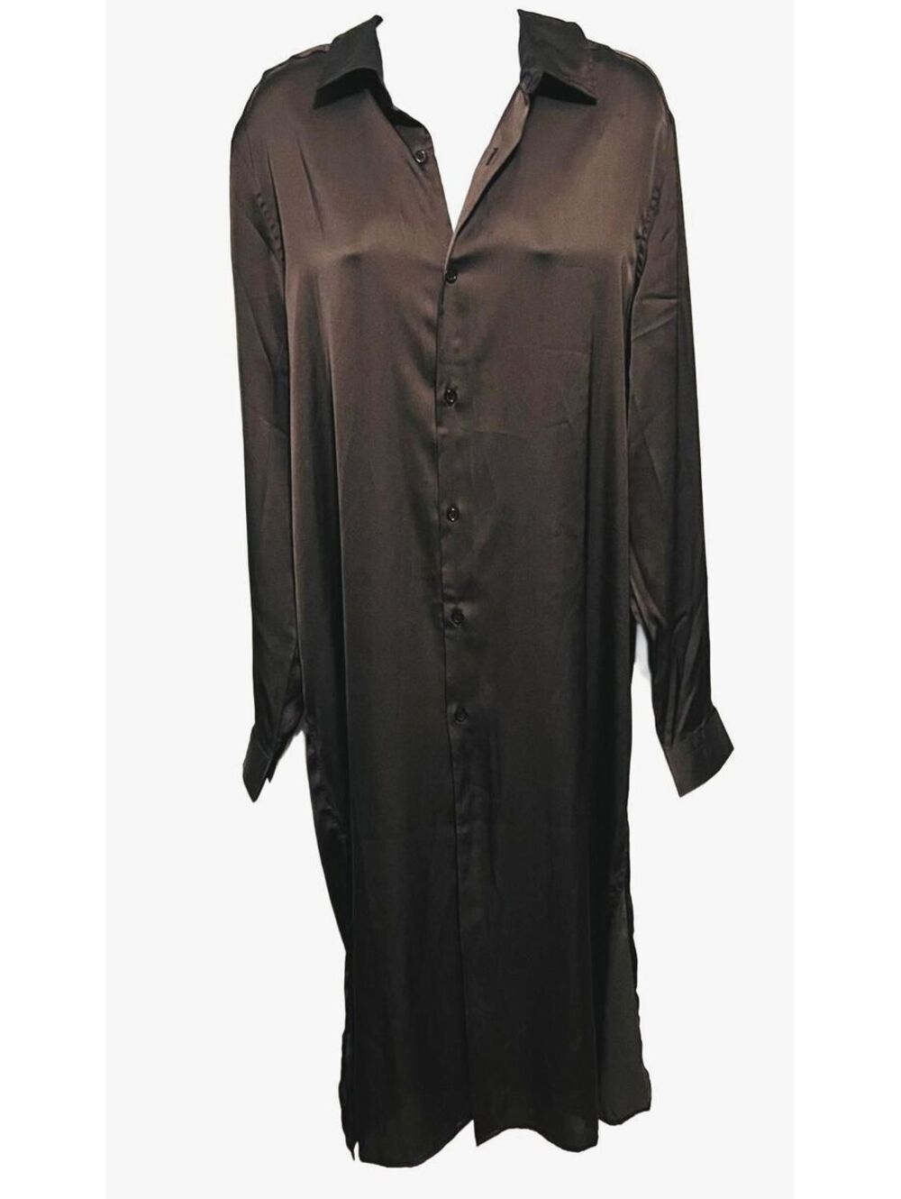 ASOS DESIGN Black Satin Long Sleeve Shirt Dress Size Minimalist 90s Chic Large